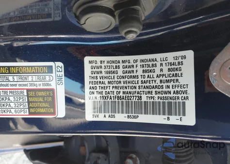 2010 Honda Civic Ex z USA, uszkodzony, nr VIN 19XFA1F86AE027738